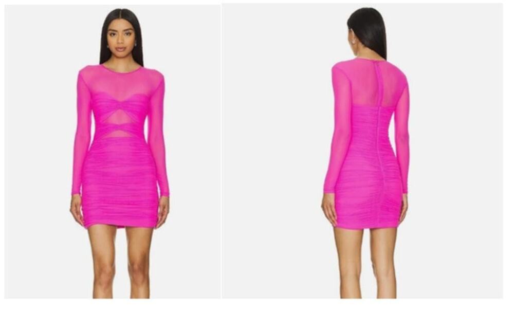 Nookie Dress Women's Size S Pink Mesh Long Sleeve Ruched Cutout Bodycon Party
